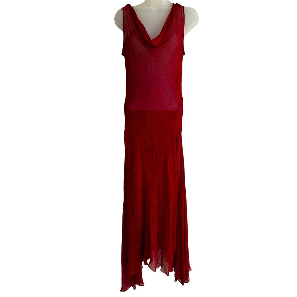 Vintage Red Sheer Bead Floral Maxi Dress Medium Cowl Neck Whimsigoth Sleeveless